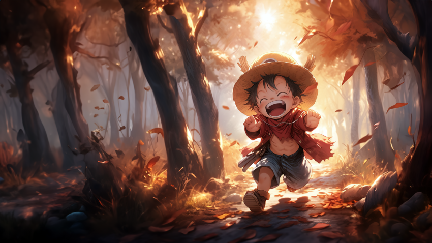 Young Luffy Running Through Forest 4k Wallpaper