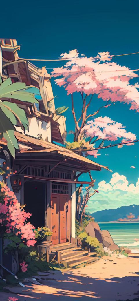 Anime Beach House And Ocean View Wallpaper