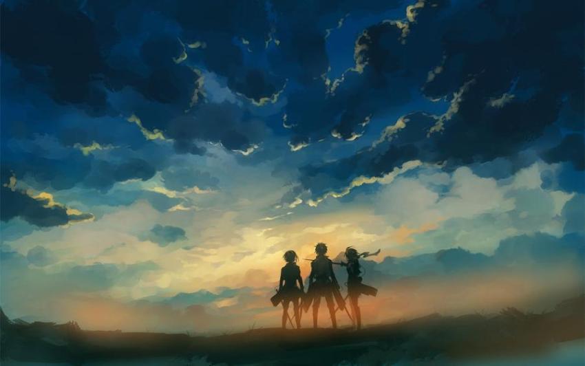 Eren, Mikasa and Armin Sunset Wallpaper